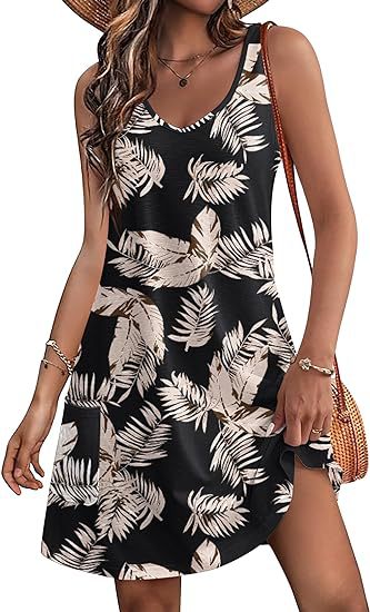2024 summer casual vest V-neck loose dress with pockets summer bohemian beach dress floral T-shirt with pockets