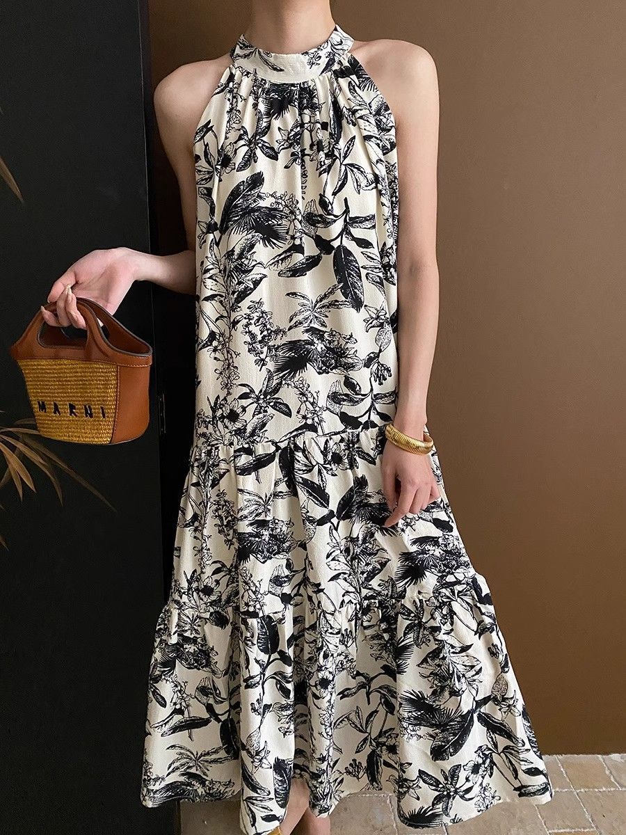French Ink Print Sling dress Summer 2024 New Elegant Cool Beach Seaside Holiday Midi Dress