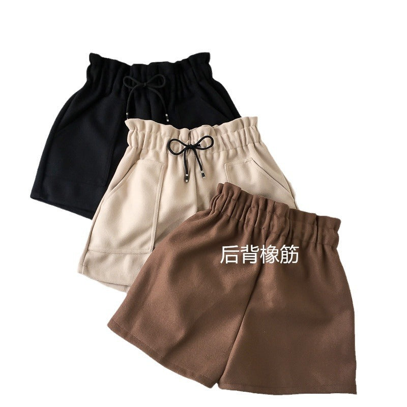 High Waist Woolen Shorts Autumn and Winter 2024 New Black Wide Leg Pants Slimming Spring Outwear Loose Casual Boots for Women