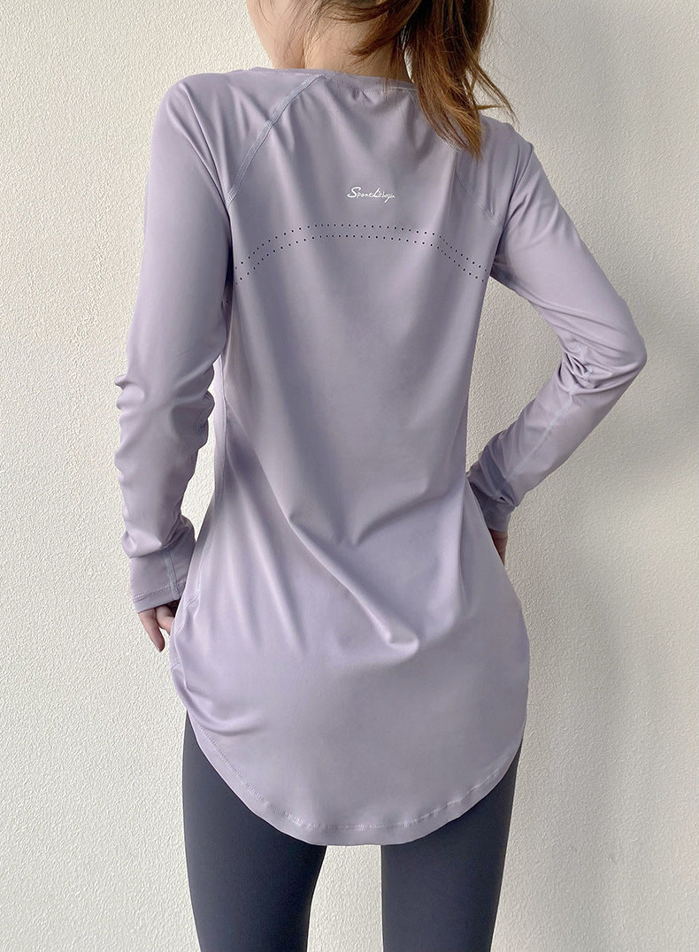 Spring and Summer Long Hip Covering Slimming Style Beautiful Back Breathable Yoga Suit Long Sleeve Running Fitness Sportswear T-shirt for Women