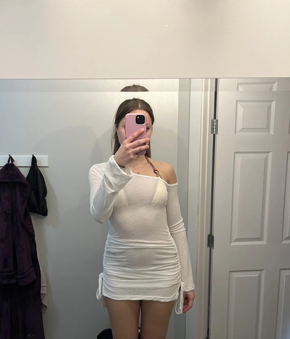 Women Mesh Shoulder slant Mini Dress Sexy See Through Chic Long Sleeve Deep Low Neck Slim Vestidos Mujer Coquette