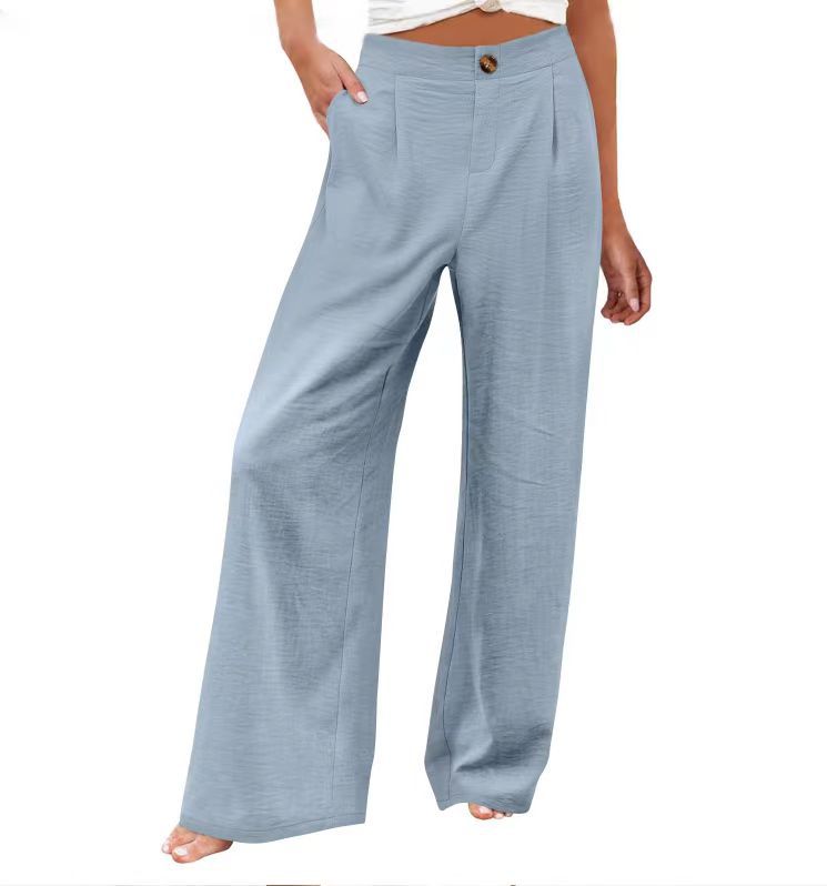 2026 Cross-Border Amazon European and American Summer Comfortable High-Waisted Long Pants with Buttons and Elastic Waist Wide-Leg Pants for Women Casual Straight-Leg Pants