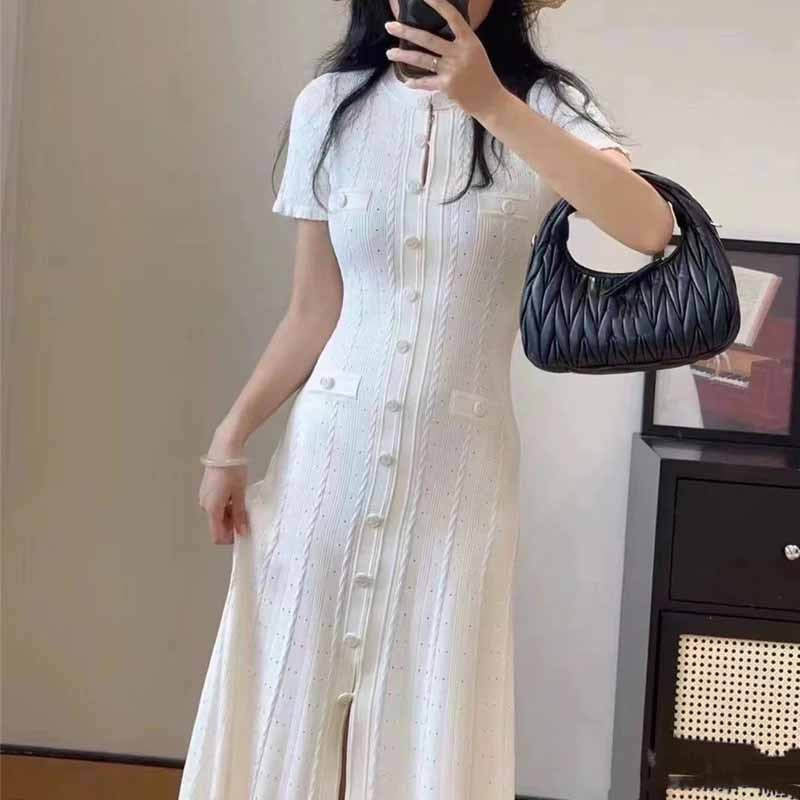 2026 New French-Style Elegant Socialite Short-Sleeve Knit Dress with Hollow-Out Ribbed Design and Single-Breasted Slim-Fit Long Dress