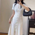 2026 New French-Style Elegant Socialite Short-Sleeve Knit Dress with Hollow-Out Ribbed Design and Single-Breasted Slim-Fit Long Dress