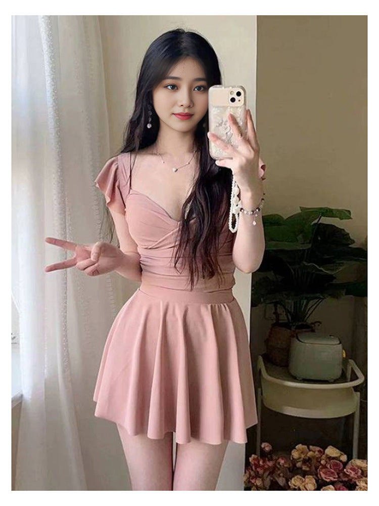 2024 New Pure Desire Style one-piece Triangle Bikini Skirt Swimsuit Girl Summer Gather to Cover Flesh Slim Hot Spring