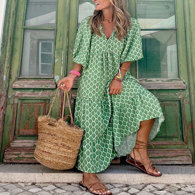 European and American Plus-Size Women's Loose-Fitting Bohemian Round-Neck Lantern-Sleeve Sweet Girl Dress Wholesale from Source Factory