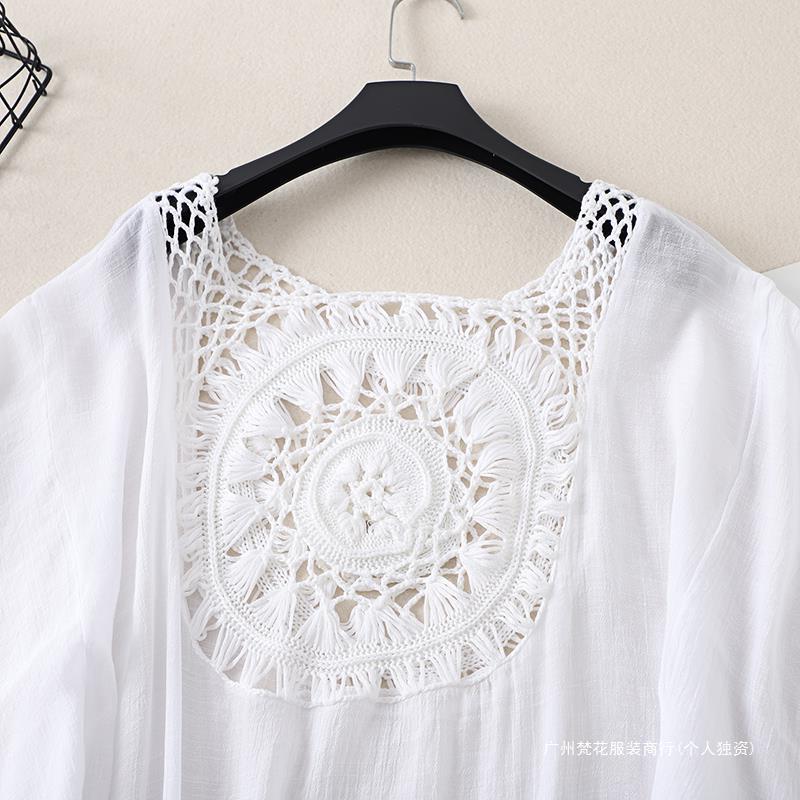 Cross-border new holiday hook solid color stitching European and American beach skirt small tassel sunscreen short sexy beach blouse