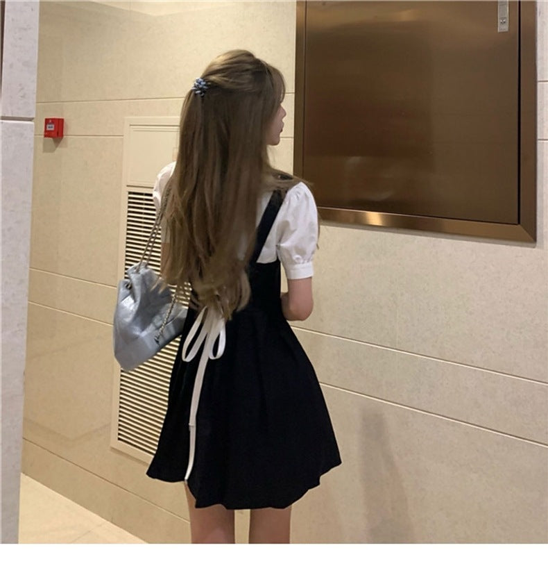 French Design Sense suit 2024 New College Style Women's Wear Spring Black Strap Sweet and Spicy dress Summer