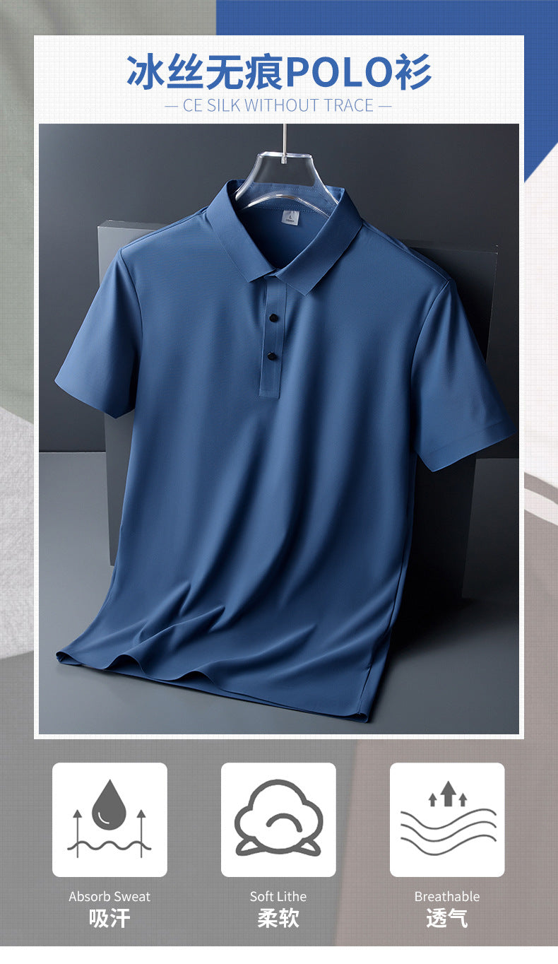 Ice Silk Traceless T-shirt Men's Light Business Solid Color Half Sleeve Top Silk Smooth Breathable Traceless POLO Shirt