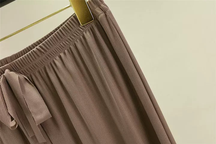 Korean style high waist drawstring lace-up ice silk seamless straight slimming wide-leg pants summer thin draping casual trousers