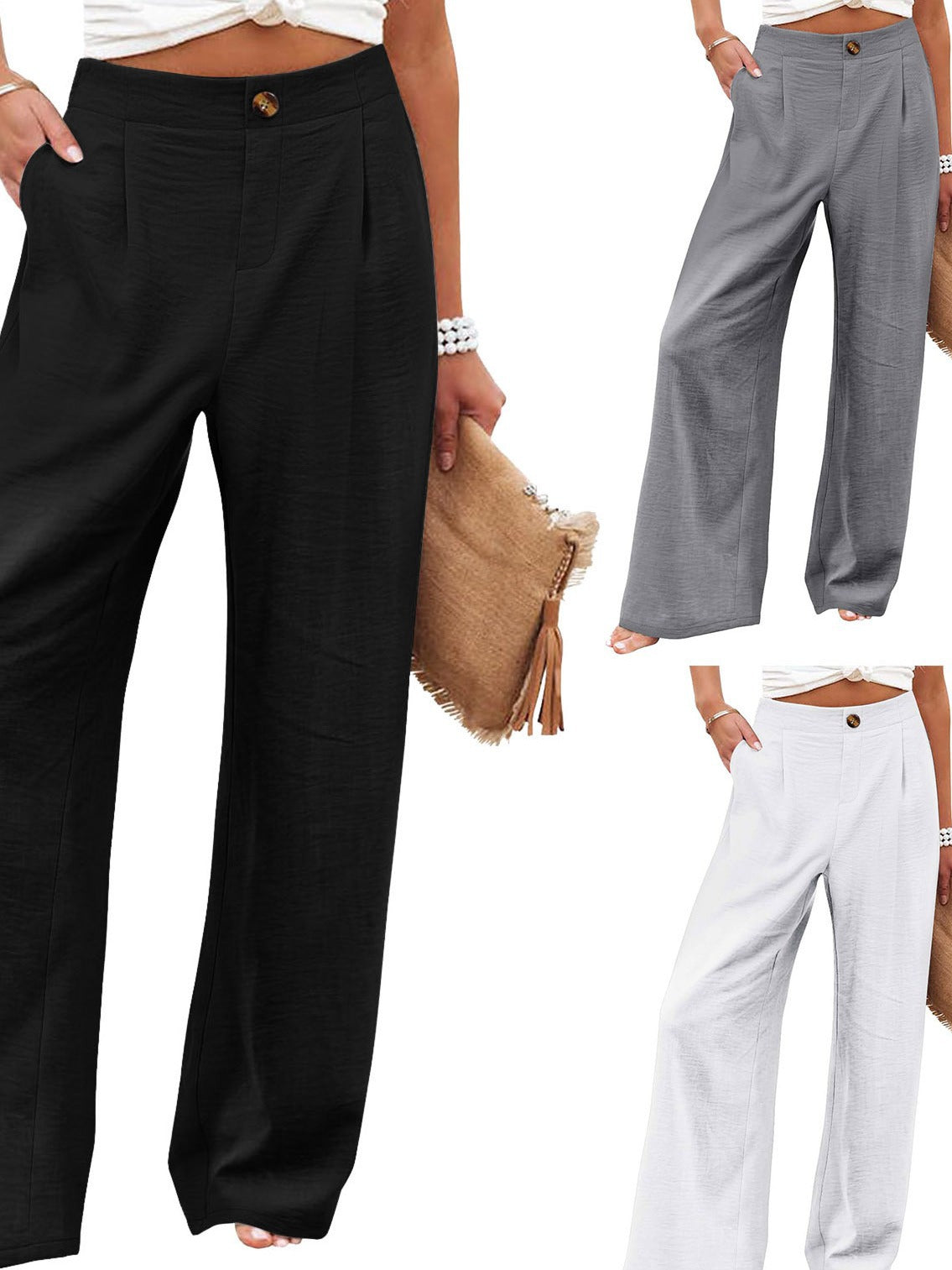 2026 Cross-Border Amazon European and American Summer Comfortable High-Waisted Long Pants with Buttons and Elastic Waist Wide-Leg Pants for Women Casual Straight-Leg Pants