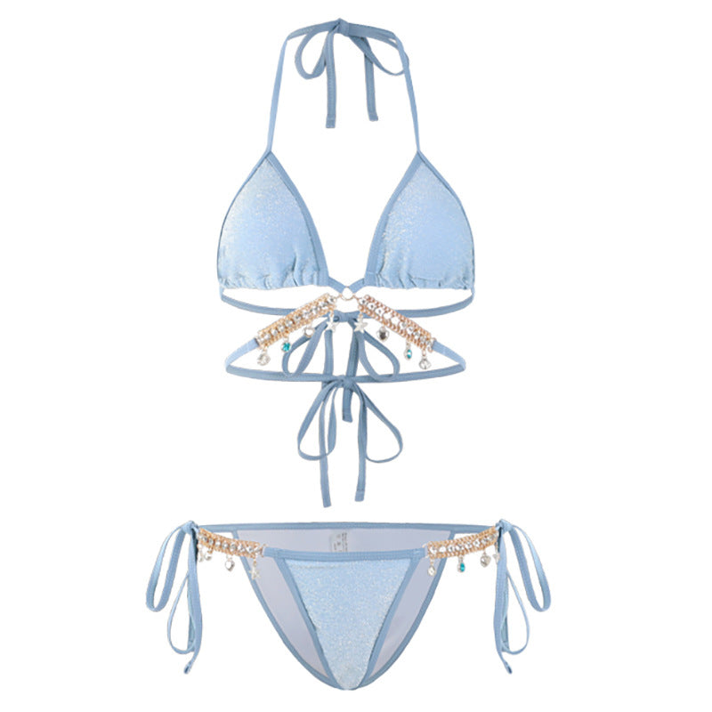 Swimsuit Female Mermaid Diamond Chain European and American Pure Lust Style Strap Triangle Bikini Three-Point Ins Sexy Vacation Swimsuit