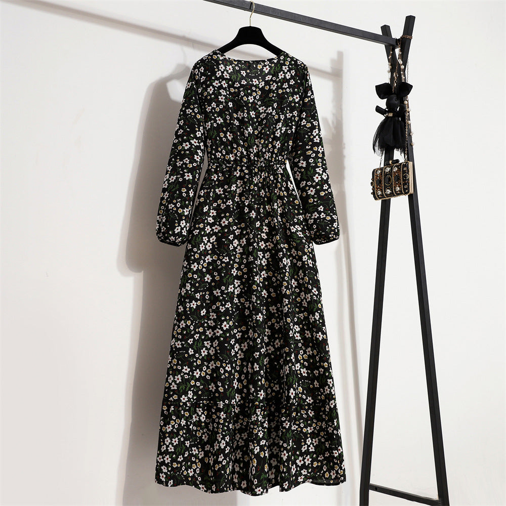 Cross-border Foreign Trade Floral Chiffon Long Dress Women's Spring Dress Long Sleeve Crewneck Base Skirt Waist Slim Long Dress