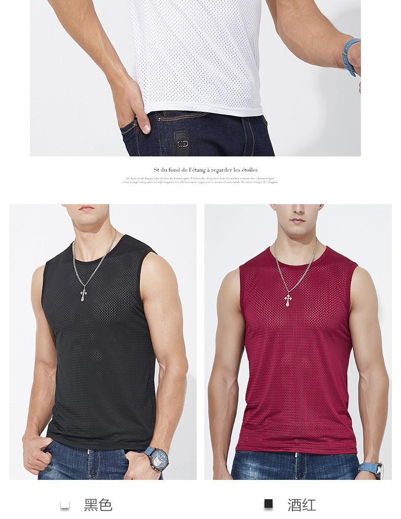 Summer ice silk mesh vest men's sports fitness quick-drying hollow undershirt wide shoulder waistcoat sleeveless T-shirt wholesale