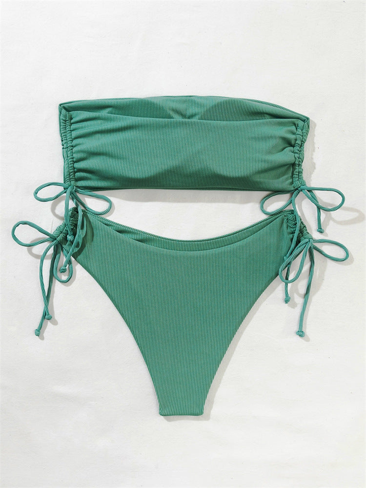 European and American Tube Top Bikini Swimsuit for Women 2024 New Pure Color Sexy Huludao Swimsuit Split Swimsuit High-End