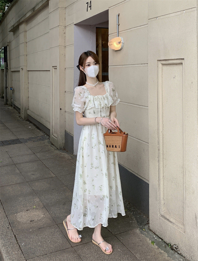 Gentle Floral Dress for Women, Summer 2026 New Chiffon Seaside Vacation First Love Dress, Puff Sleeve Long Dress