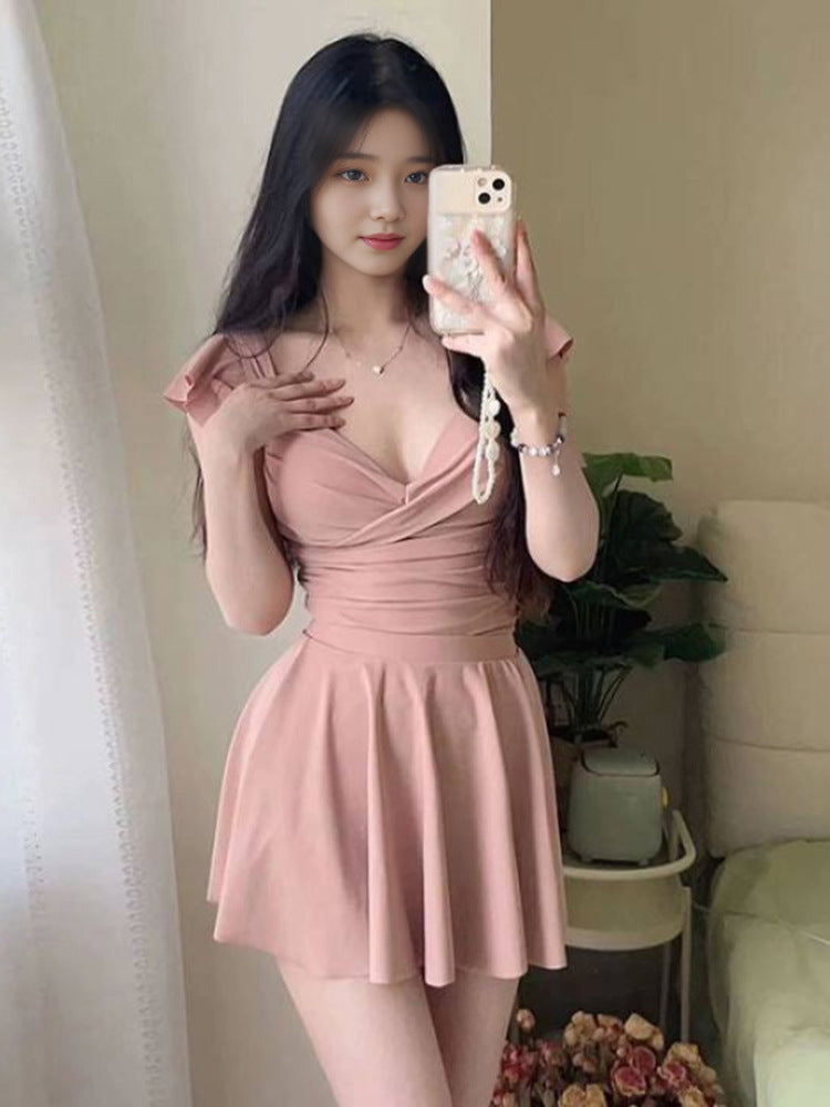 2024 New Pure Desire Style one-piece Triangle Bikini Skirt Swimsuit Girl Summer Gather to Cover Flesh Slim Hot Spring
