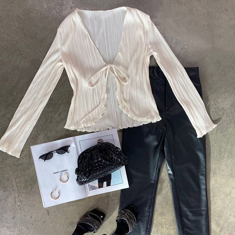 European and American Ins Style 2024 New Summer Sexy Hot Girl Top Slim-fit Horn Long-sleeved Pleated Shirt Women's French Style