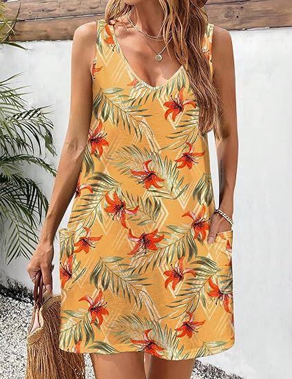 2024 summer casual vest V-neck loose dress with pockets summer bohemian beach dress floral T-shirt with pockets