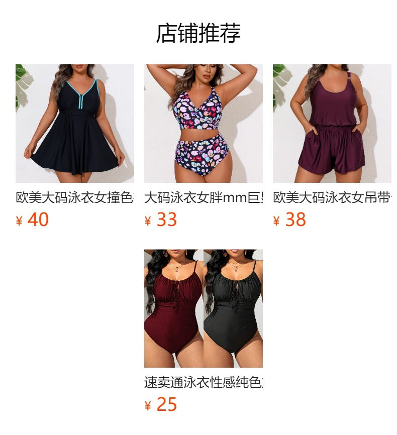 One-Piece Swimsuit, European and American Style, Plus Size, Black and Blue Color-Blocking, Front Zipper, Slimming Swimsuit, Waist-Cinching, Tummy-Covering, for Plus-Size Women, Hot Spring Swimwear