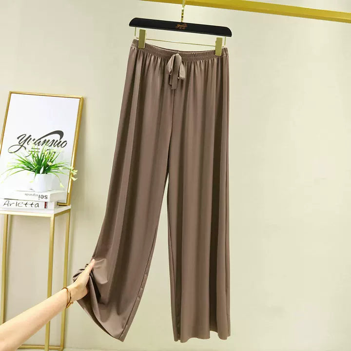 Korean style high waist drawstring lace-up ice silk seamless straight slimming wide-leg pants summer thin draping casual trousers