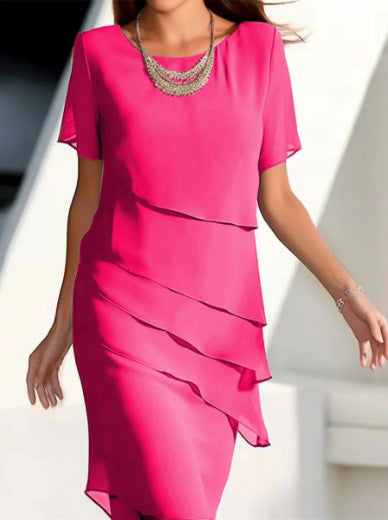 European and American Cross-Border Amazon Wish Export Women's Pure Color Short-Sleeved Glitter Ruffled Round Collar Casual Dress