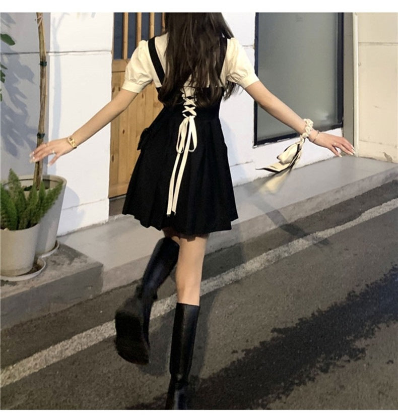 French Design Sense suit 2024 New College Style Women's Wear Spring Black Strap Sweet and Spicy dress Summer