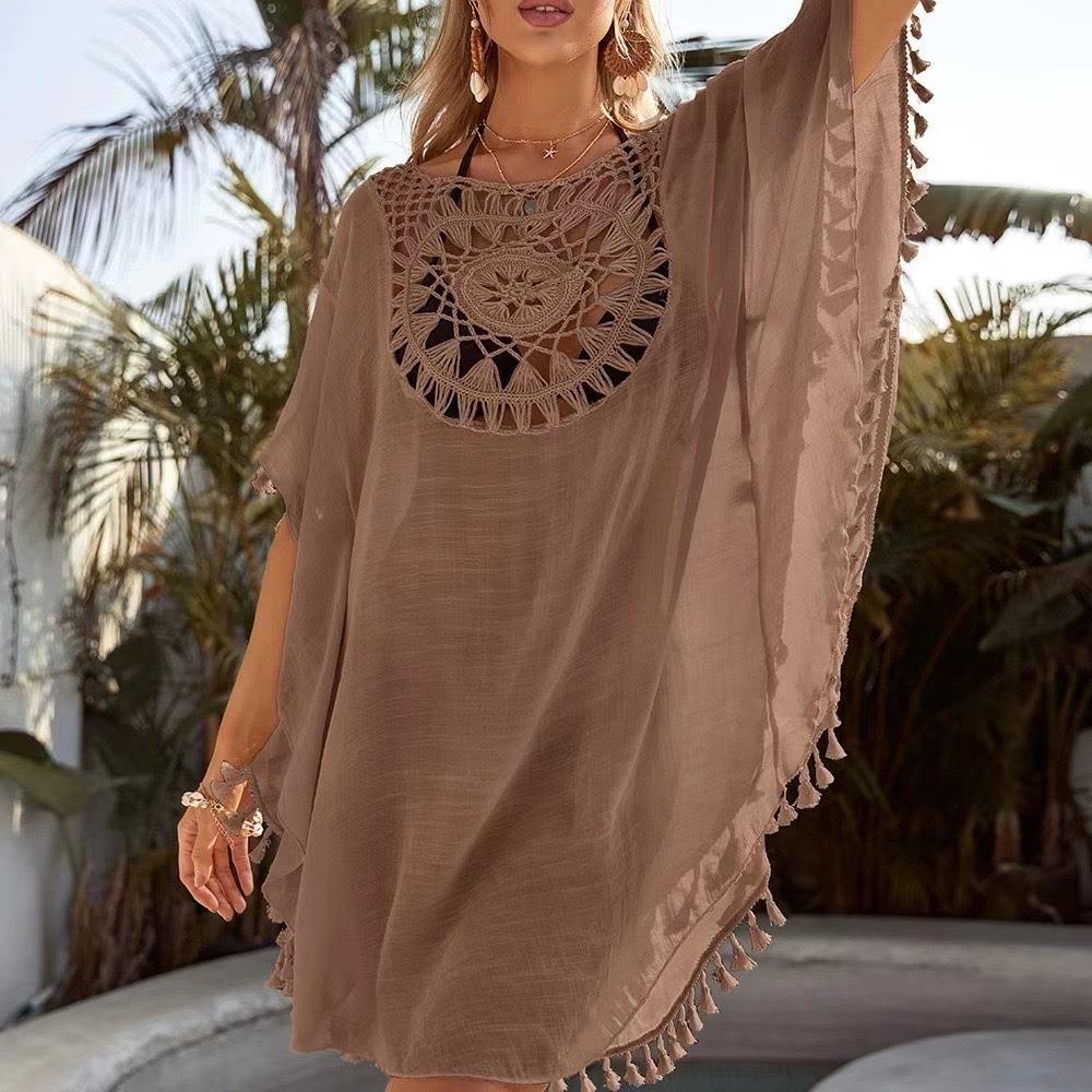 Women's Beach Blouse Batwing Sleeve Tassel Cotton Sunscreen Cover-Up