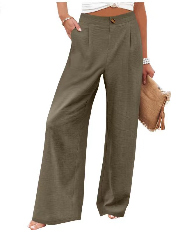 2026 Cross-Border Amazon European and American Summer Comfortable High-Waisted Long Pants with Buttons and Elastic Waist Wide-Leg Pants for Women Casual Straight-Leg Pants