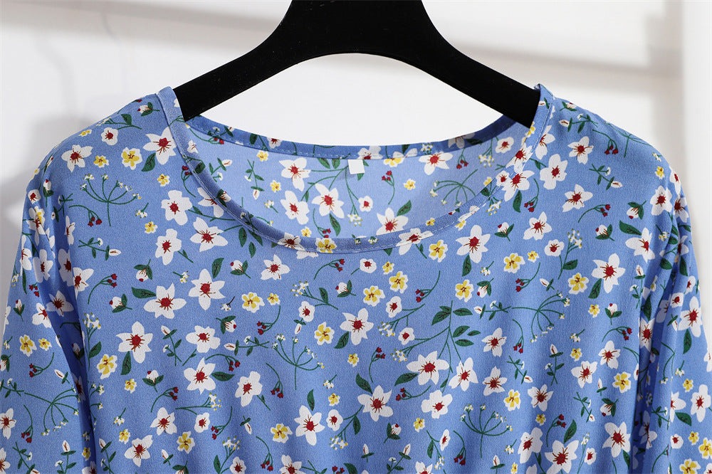 Cross-border Foreign Trade Floral Chiffon Long Dress Women's Spring Dress Long Sleeve Crewneck Base Skirt Waist Slim Long Dress