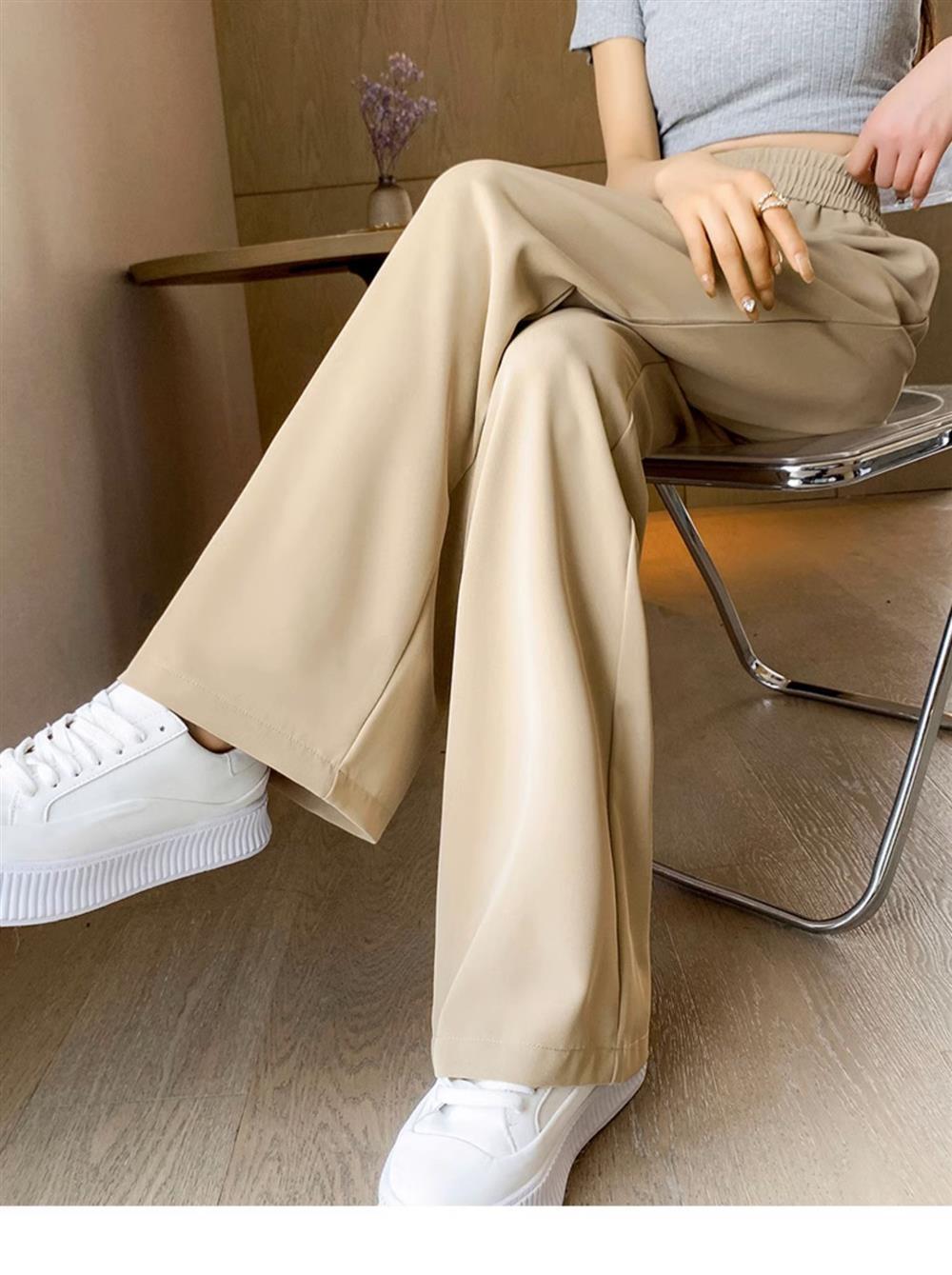 Ice Silk Thin Narrow Wide-Leg Suit Pants for Women, Summer Casual Pear-Shaped Body Slimming Drape Straight Sunscreen Pants