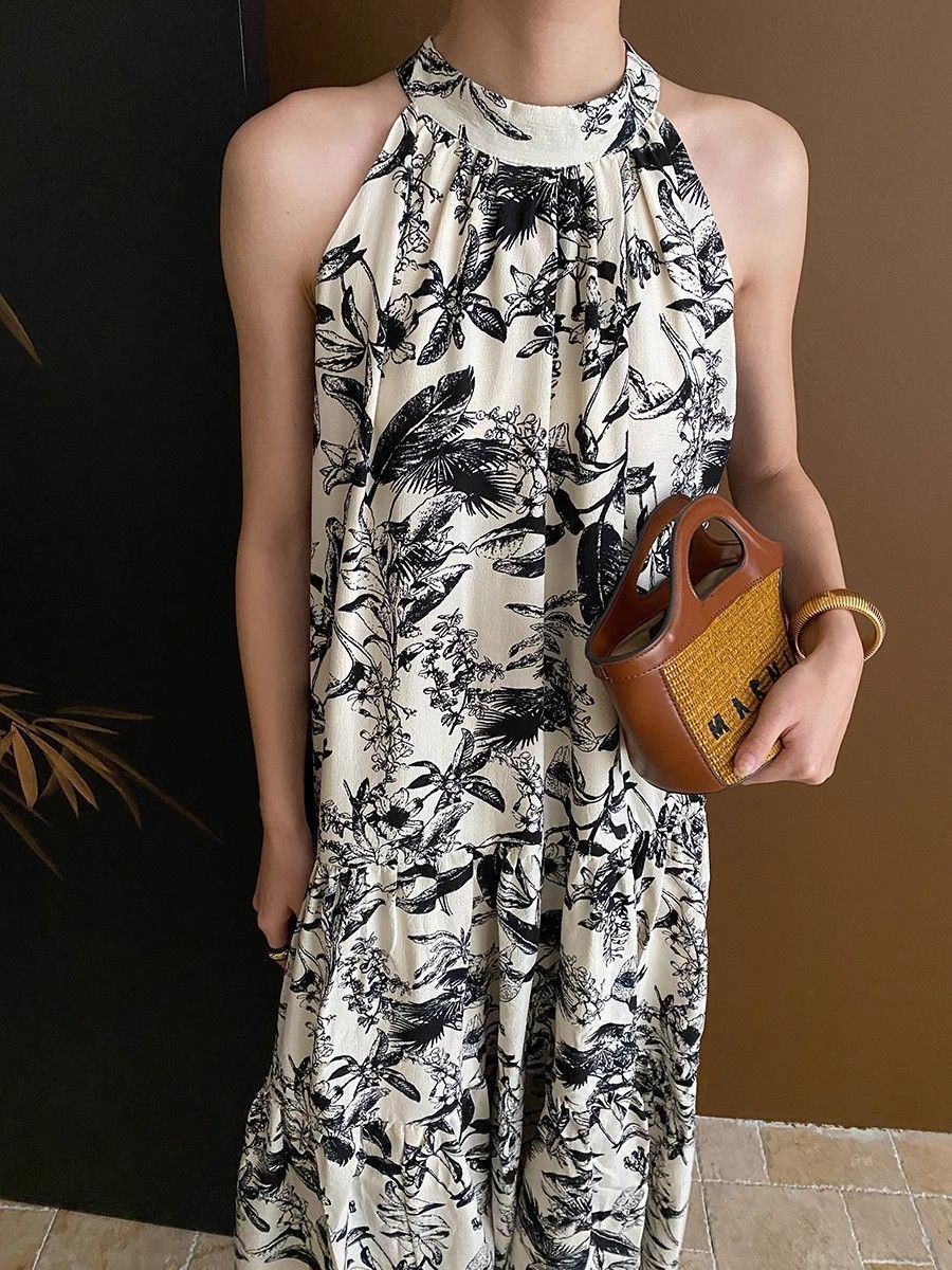 French Ink Print Sling dress Summer 2024 New Elegant Cool Beach Seaside Holiday Midi Dress