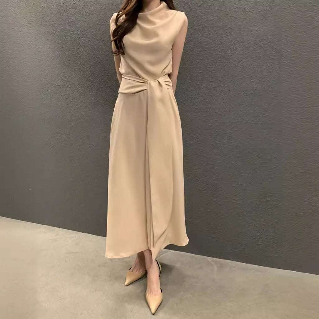 Korean Chic Summer French Elegant Pile Collar Strap Waist Slimming Look Sleeveless Vest Dress Mid-Length Skirt for Women