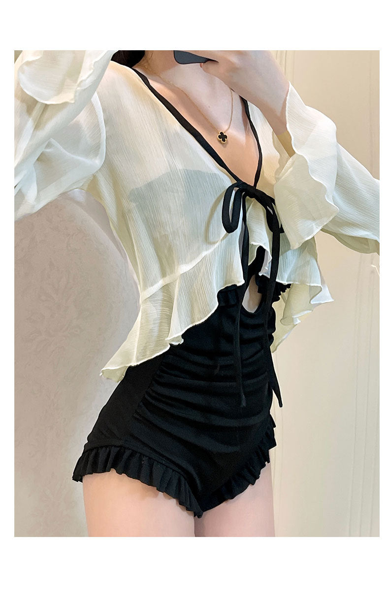 2025 New Long-Sleeved Swimsuit for Women, Covering Belly, Slimming Look, Conservative Hot Spring One-Piece, High-End, Super Fairy Ins Sexy