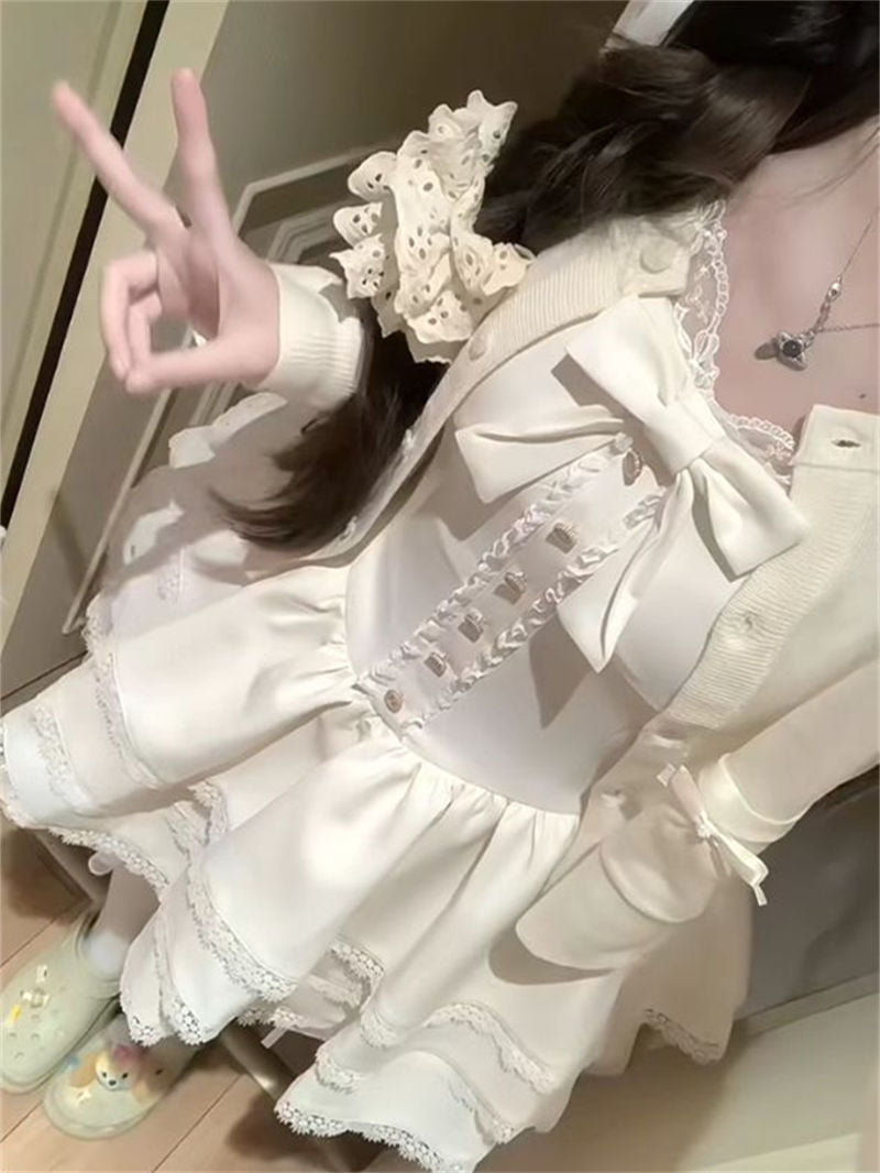 Early Spring Outfit for Petite Women: Pure and Desirable Style, High-End Cardigan Jacket, Puffy Cake Dress Two-Piece Set