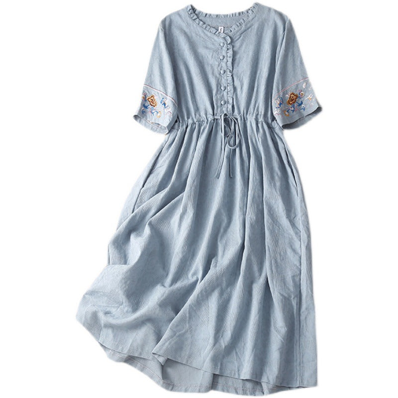 Ethnic Style Cotton and Linen Embroidered Dress Women's 2023 Summer Long Loose Style Lace Collar Short-Sleeved Over-the-Knee Long Dress