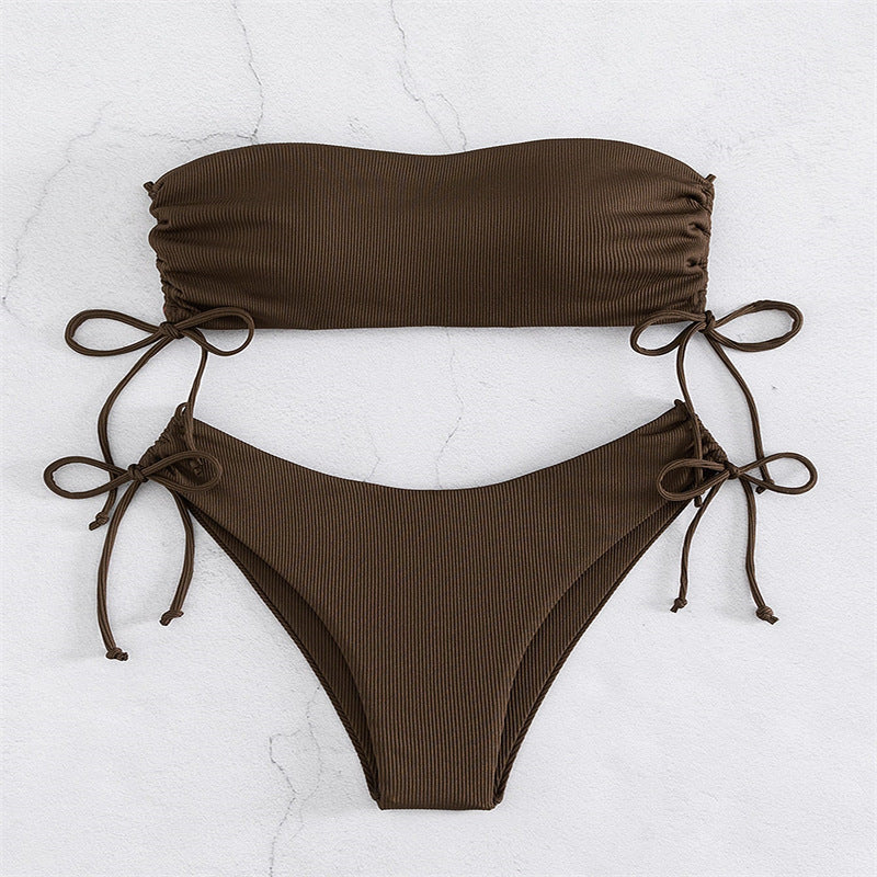 European and American Tube Top Bikini Swimsuit for Women 2024 New Pure Color Sexy Huludao Swimsuit Split Swimsuit High-End
