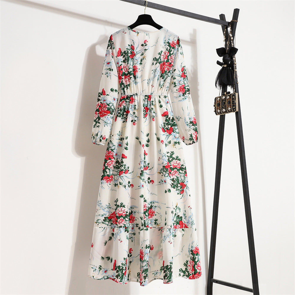 Cross-border Foreign Trade Floral Chiffon Long Dress Women's Spring Dress Long Sleeve Crewneck Base Skirt Waist Slim Long Dress