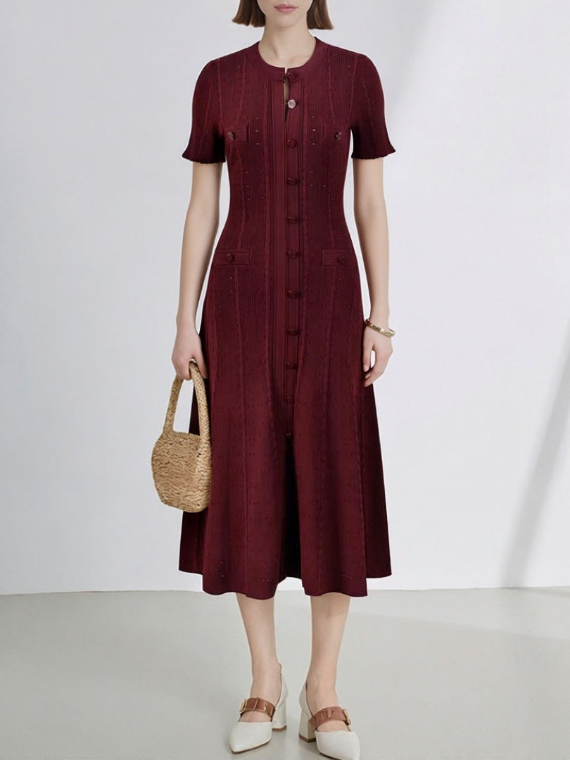 2026 New French-Style Elegant Socialite Short-Sleeve Knit Dress with Hollow-Out Ribbed Design and Single-Breasted Slim-Fit Long Dress