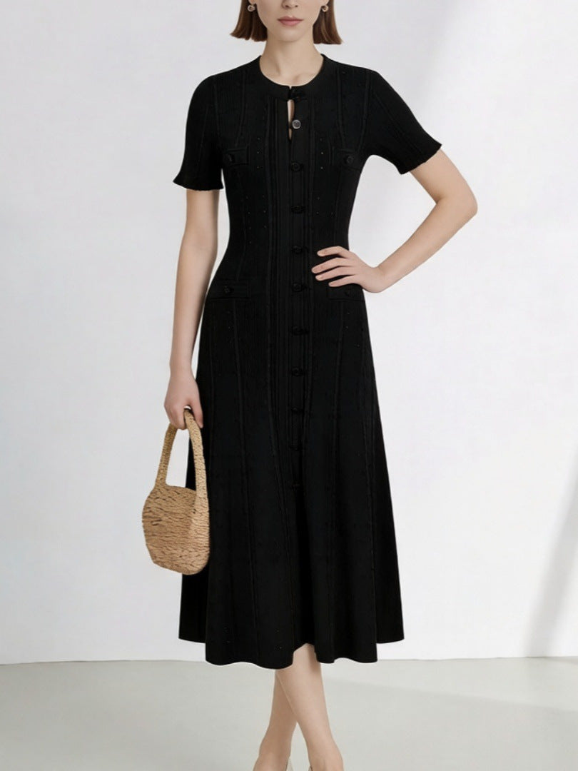 2026 New French-Style Elegant Socialite Short-Sleeve Knit Dress with Hollow-Out Ribbed Design and Single-Breasted Slim-Fit Long Dress