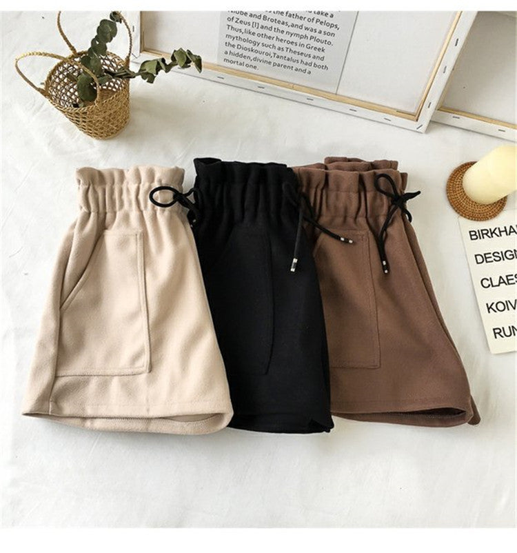 High Waist Woolen Shorts Autumn and Winter 2024 New Black Wide Leg Pants Slimming Spring Outwear Loose Casual Boots for Women