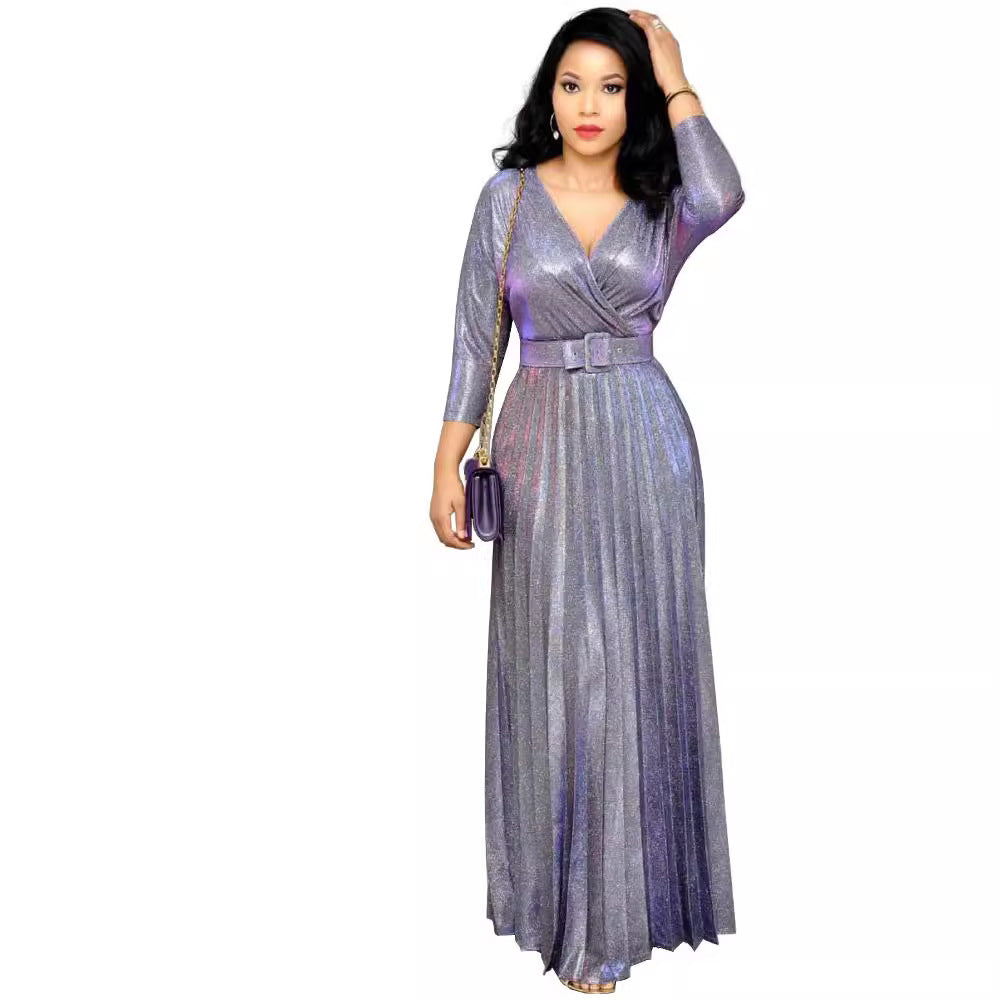 2025 Winter Cross-Border European and American African Women's Fashionable Long-Sleeved Bronzing Pleated Skirt with Belt Glitter Fabric