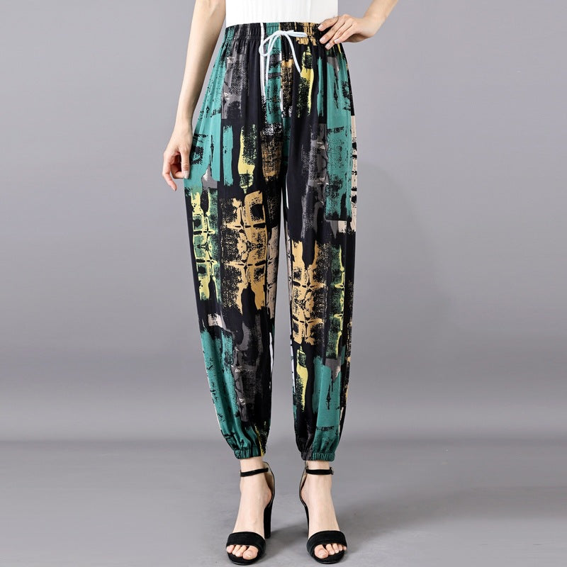 Cross-Border Popular Summer Women's Ice Silk Pants for Middle-Aged and Elderly, Loose Casual Home Pants, Elastic Plus-Size Pants for Square Dancing