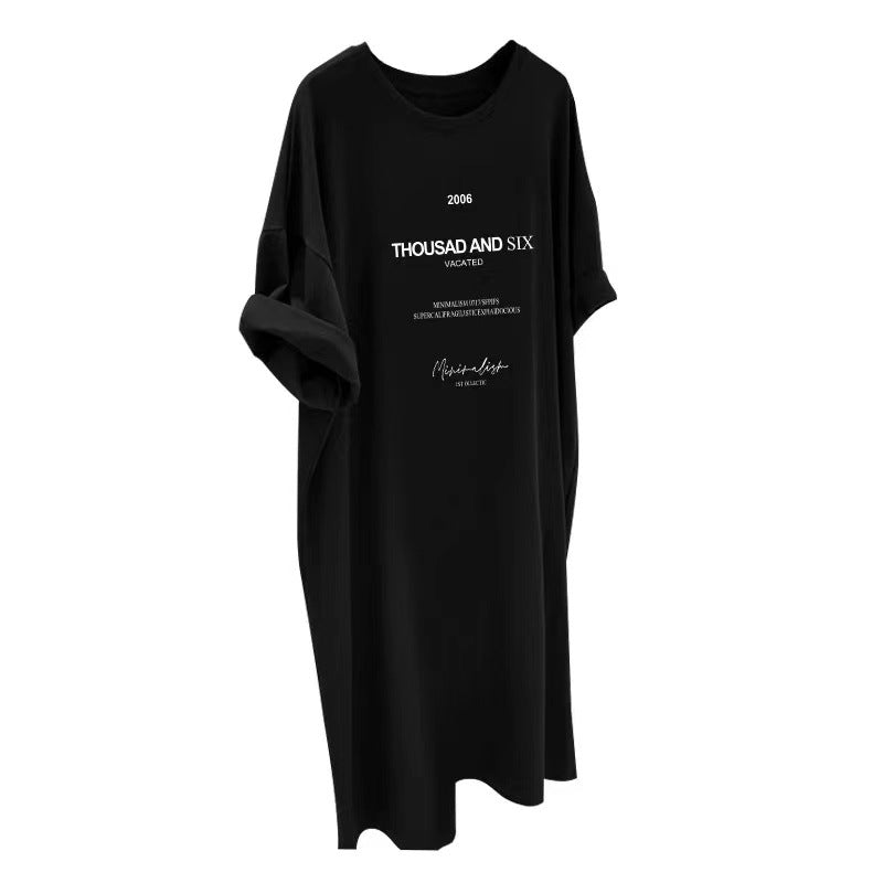 Korean Short-Sleeved Dress Women's Summer Fat mm Large Size Slim Mid-Length T-Shirt Dress over the Knee Casual Long Skirt