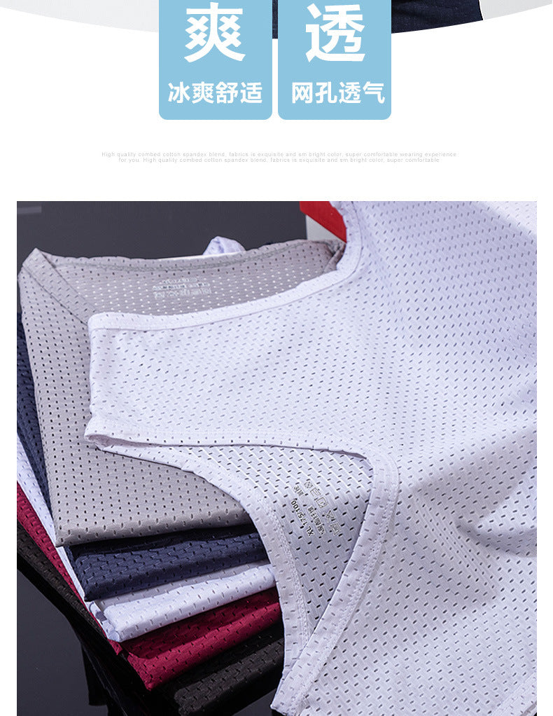 Summer ice silk mesh vest men's sports fitness quick-drying hollow undershirt wide shoulder waistcoat sleeveless T-shirt wholesale
