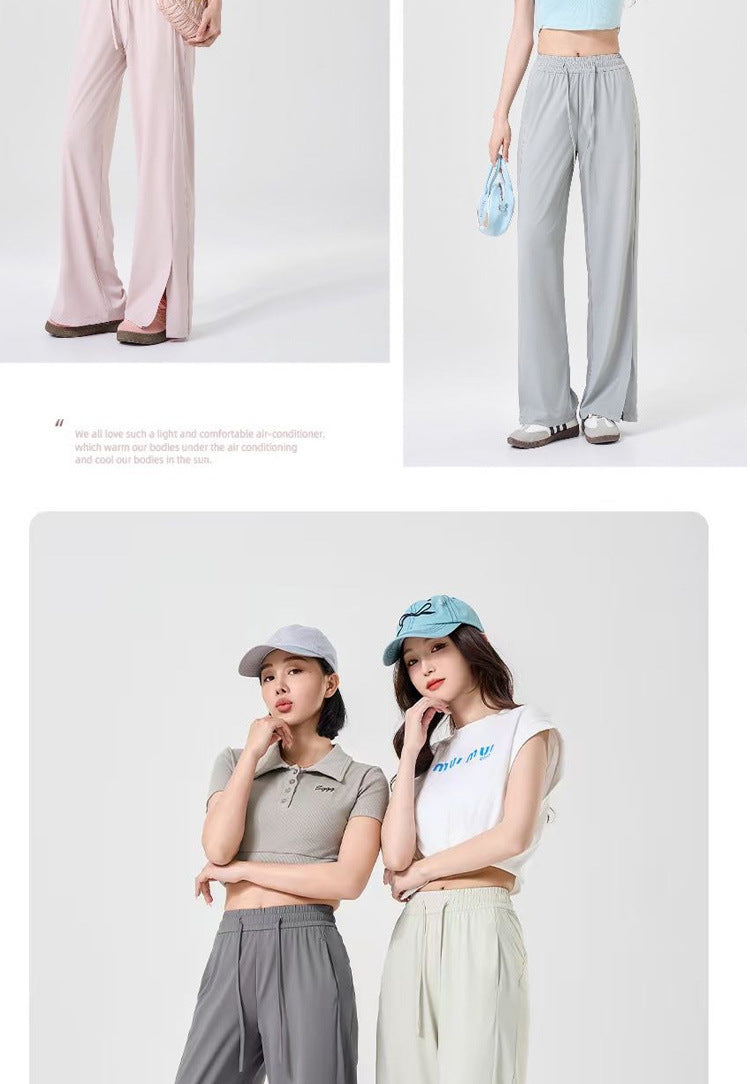 Summer Sunscreen Cool Ice Silk Wide Leg Pants Women's Lightweight Breathable Lazy Style Casual All-match Loose Slimming Straight Leg Pants