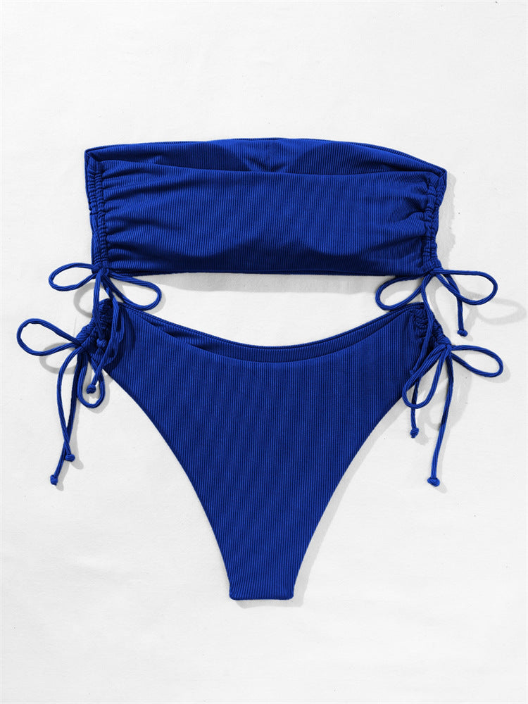 European and American Tube Top Bikini Swimsuit for Women 2024 New Pure Color Sexy Huludao Swimsuit Split Swimsuit High-End