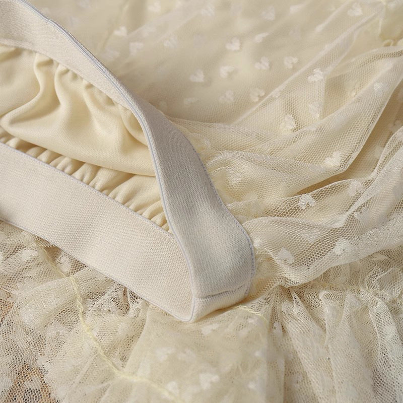 2026 Mesh Heart Printed Skirt Women Elastic High Waist Skirt Elegant Tulle A Line Ruffle Party Skirt Long Summer Saia Feminina