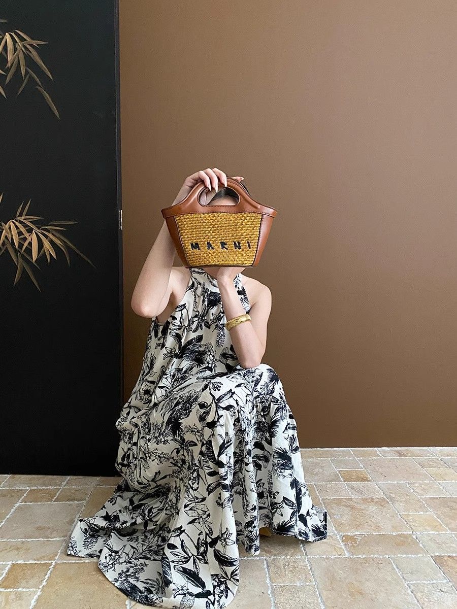 French Ink Print Sling dress Summer 2024 New Elegant Cool Beach Seaside Holiday Midi Dress