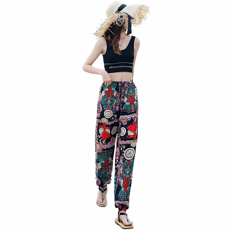 New Beach Pants for Women, Summer Cotton Silk Casual Pants, Thin Pajamas, Ethnic Style Anti-Mosquito Pants, Women's Home Bloomers